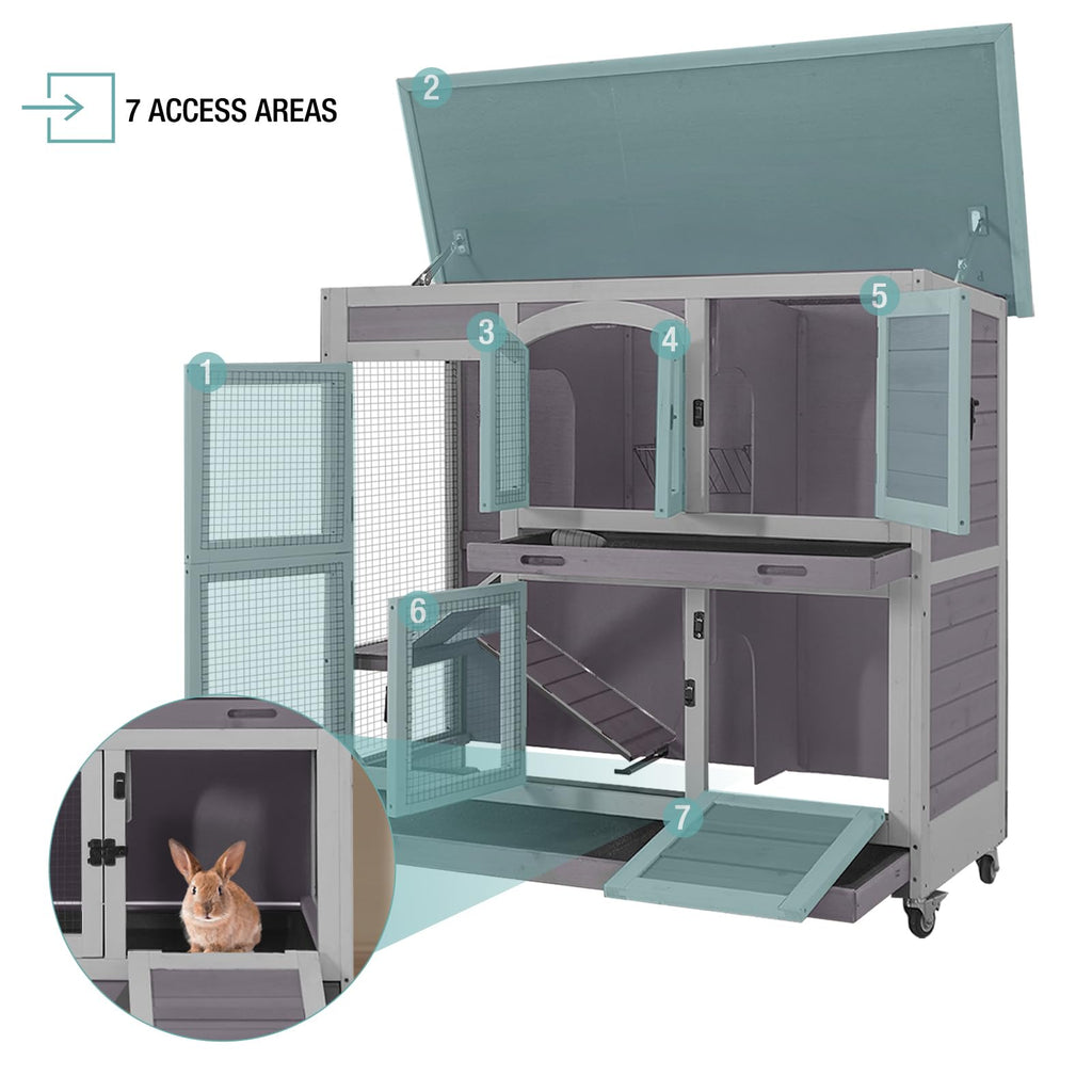 2-Tier Wooden Small Animal Cage with Trays, Wheels & Ramp M352