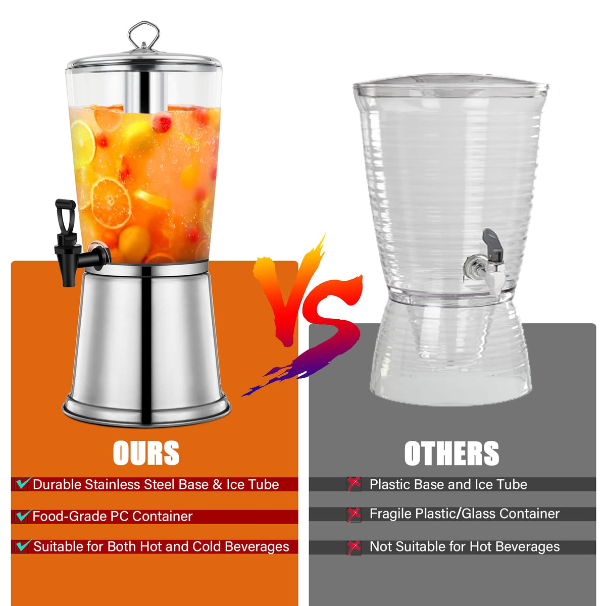 2 Gallons Stainless Steel Beverage Dispenser with Stand and Spigot A18888