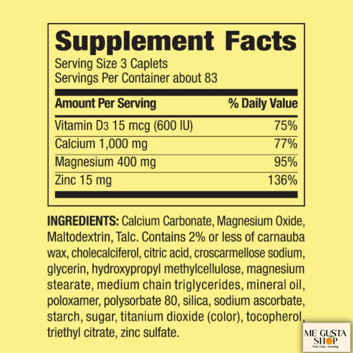 Calcium Magnesium Zinc Plus Vitamin D3 Caplets 500 Count A911