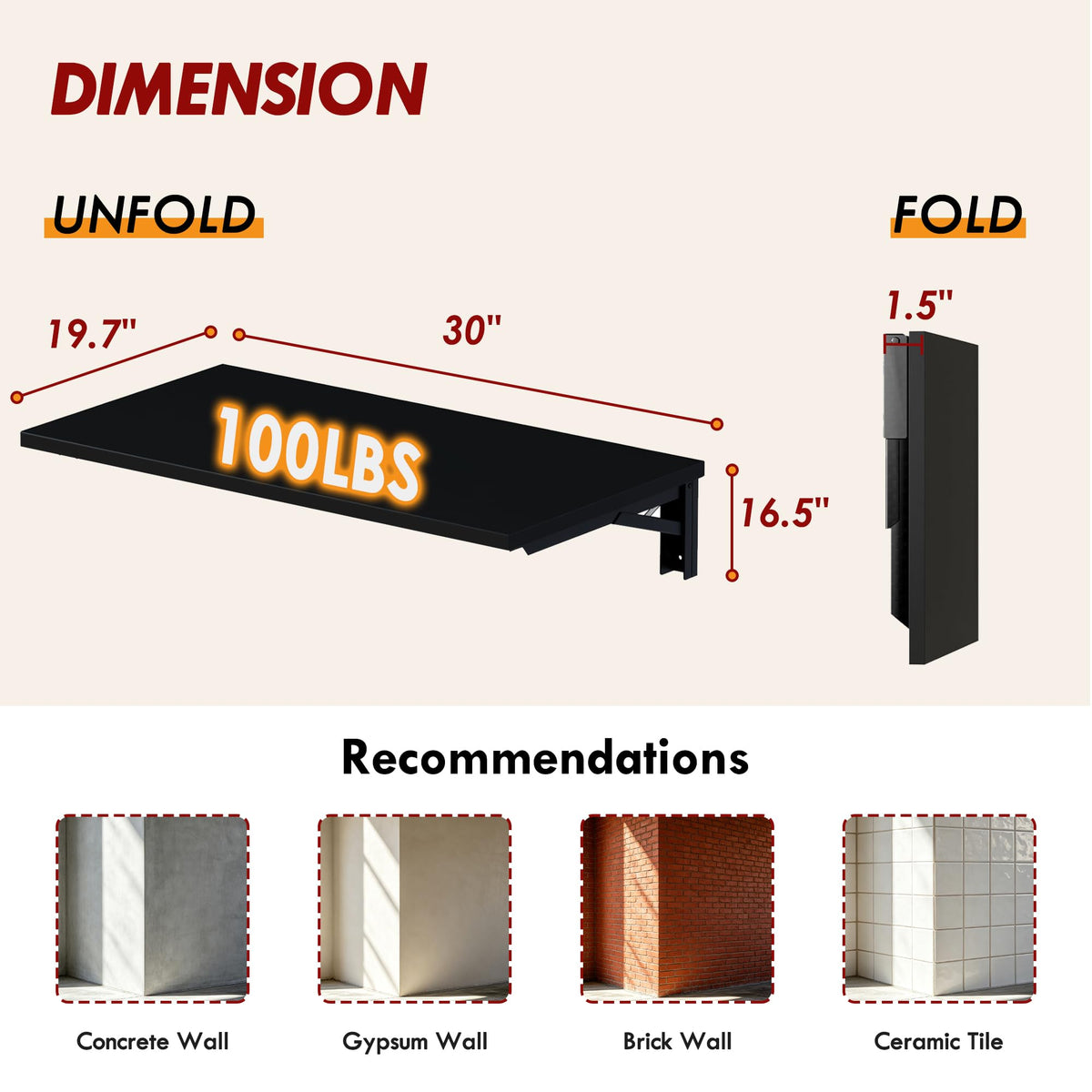 Wall Mounted Folding Table 30x20IN Black X514