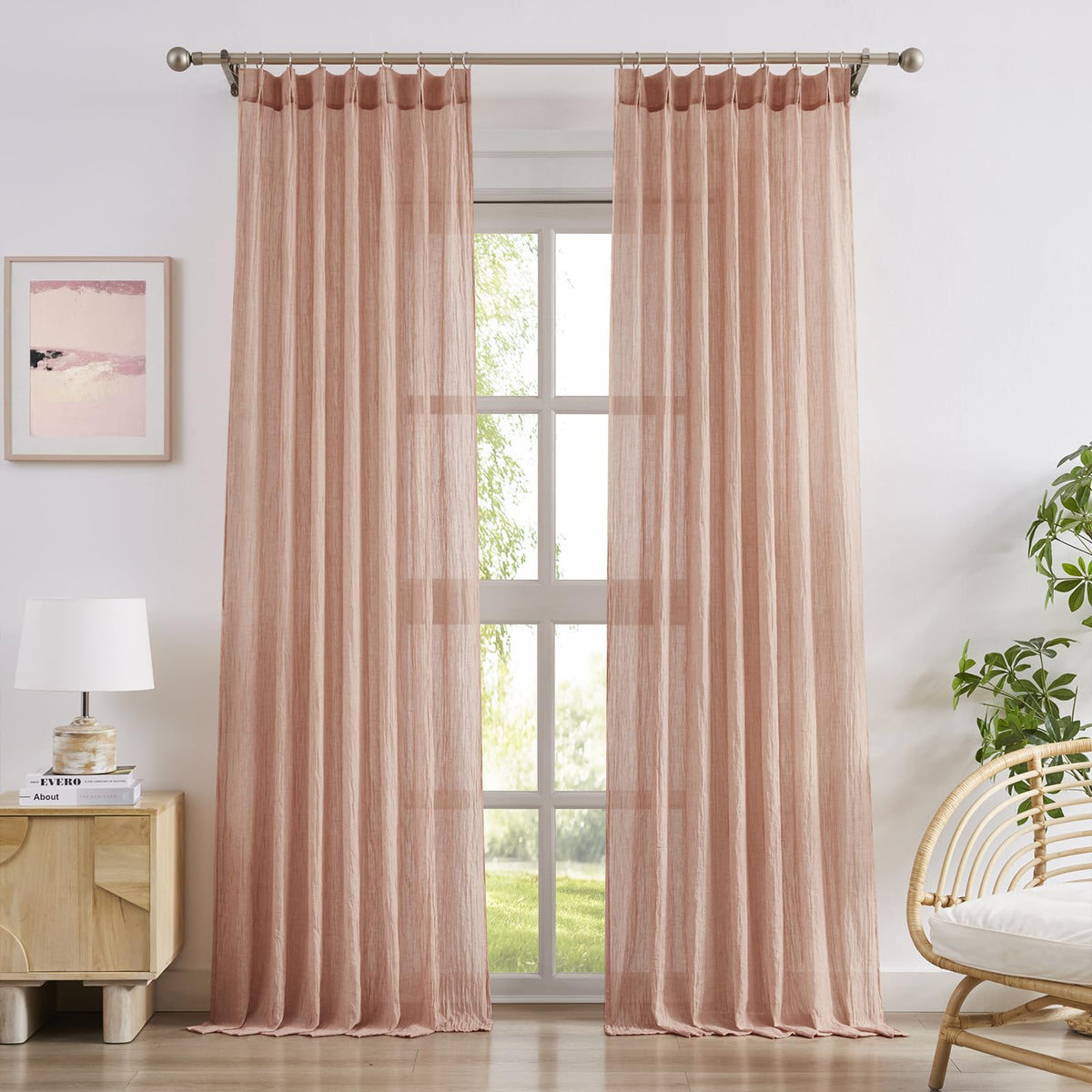 Pink Pinch Pleated Sheer Curtains 96 Inches Long, Set of 2 L9944