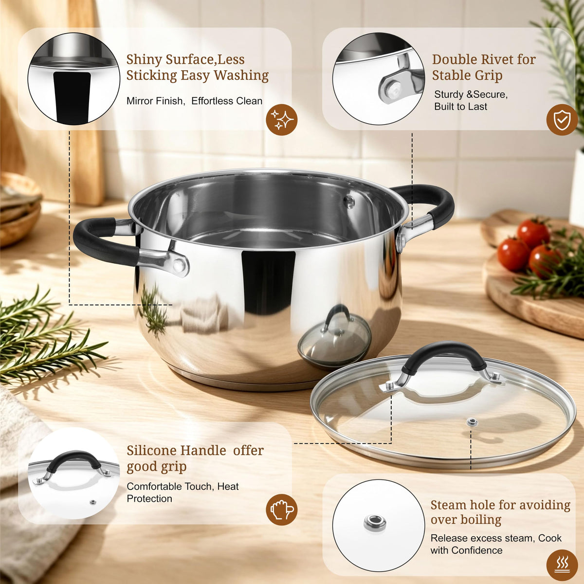 6 Quart Stainless Steel Induction Stock Pot with Lid V262