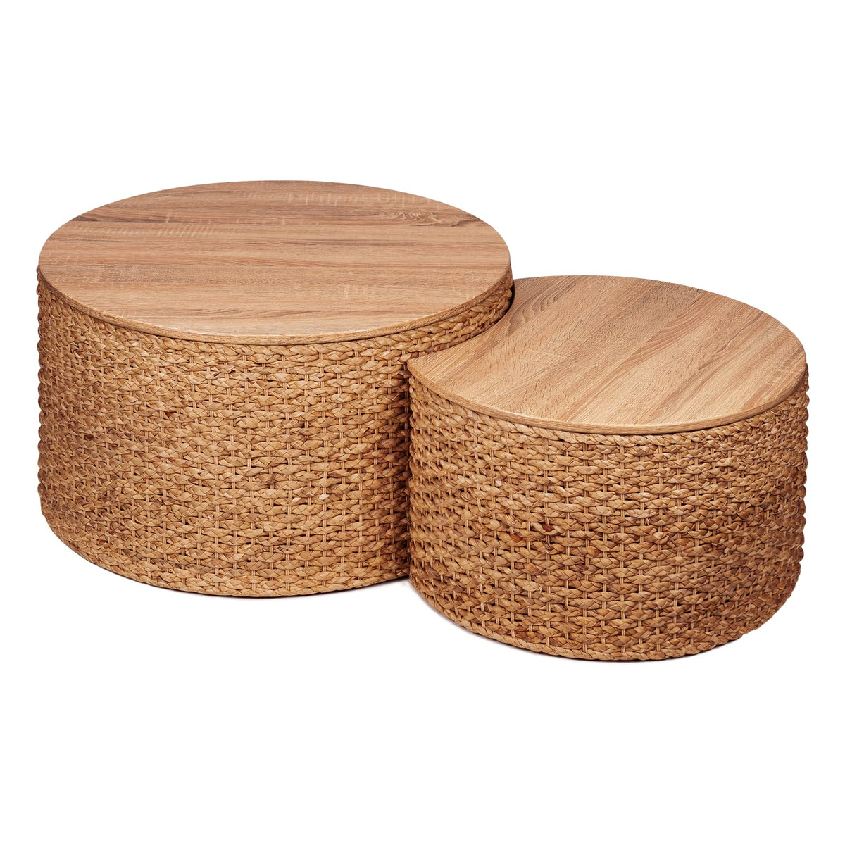 Round Nesting Coffee Table Set of 2 with Storage Wicker Rattan Wood Frame H347