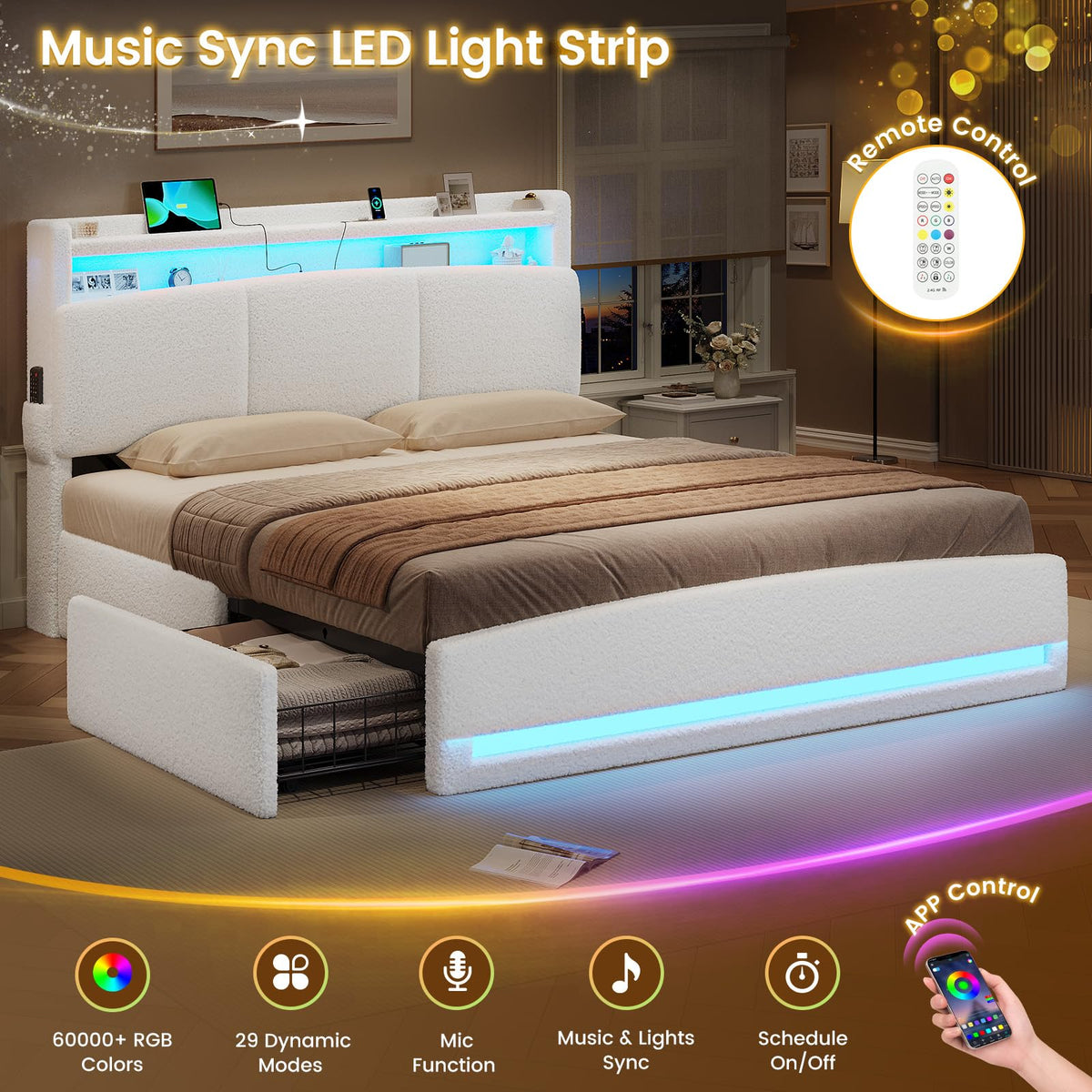 Full Bed Frame with Storage Headboard and Charging Station O4243