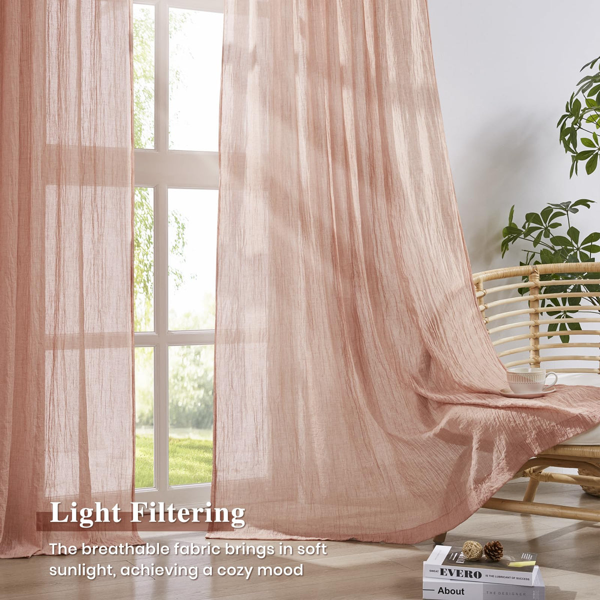 Pink Pinch Pleated Sheer Curtains 96 Inches Long, Set of 2 L9944