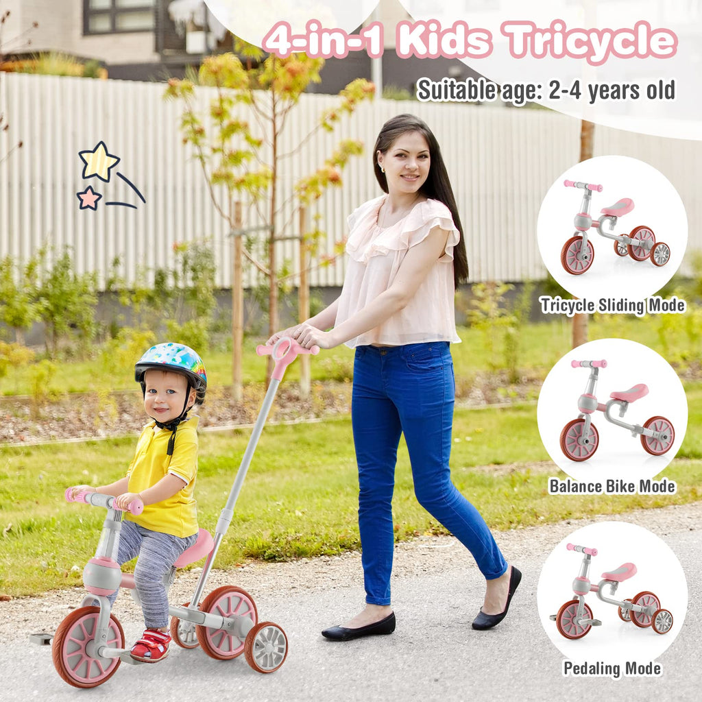 4 in 1 Tricycle with Adjustable Seat & Push Handle, Removable Pedals & Training Wheels, Pink K721
