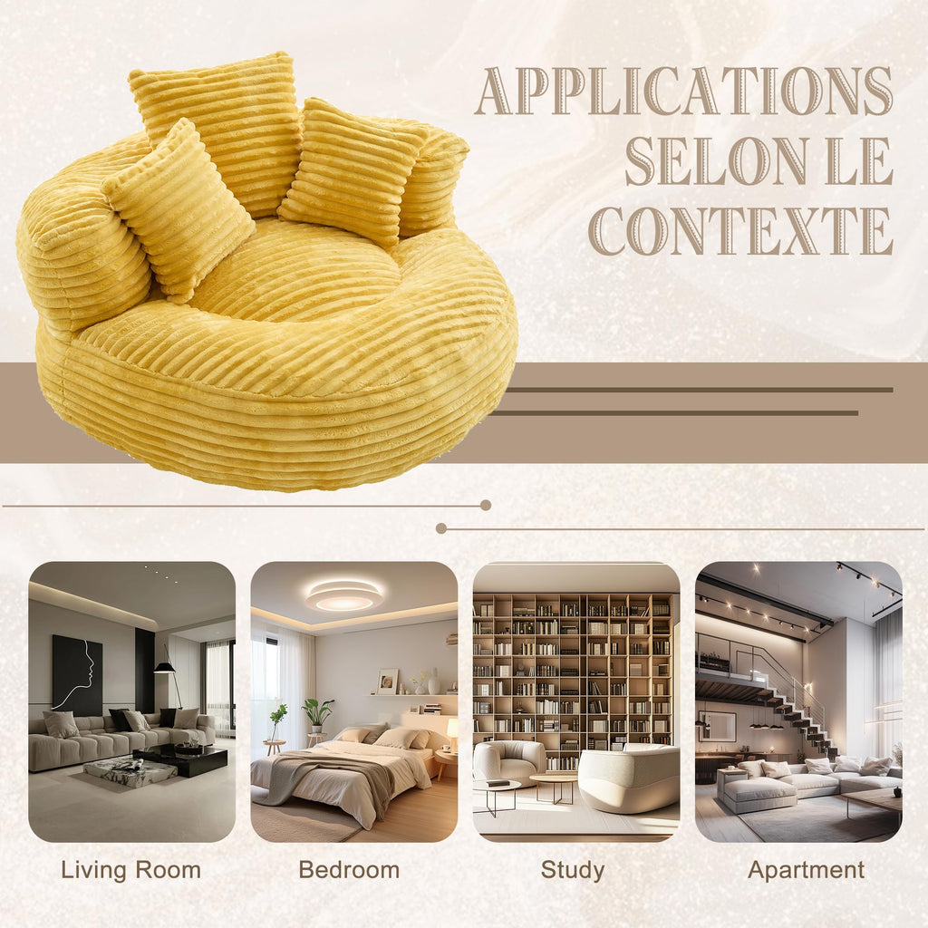 Oversized Memory Foam Bean Bag Chair with Pillows and Backrest, Mustard Yellow A893316