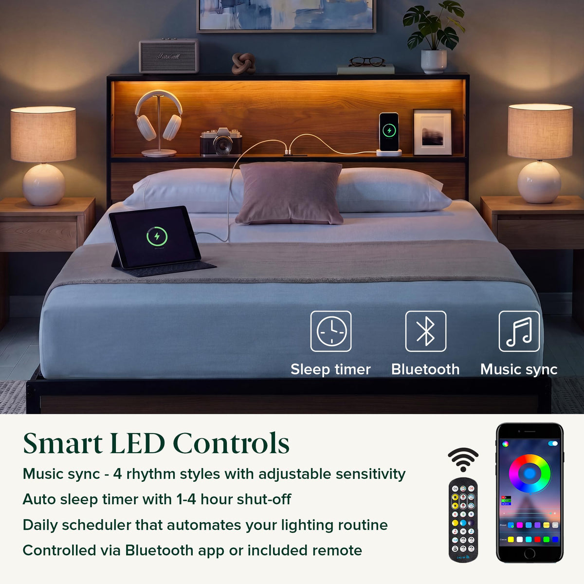 Full Platform Bed Frame with LED Lights and USB Charging Station X137