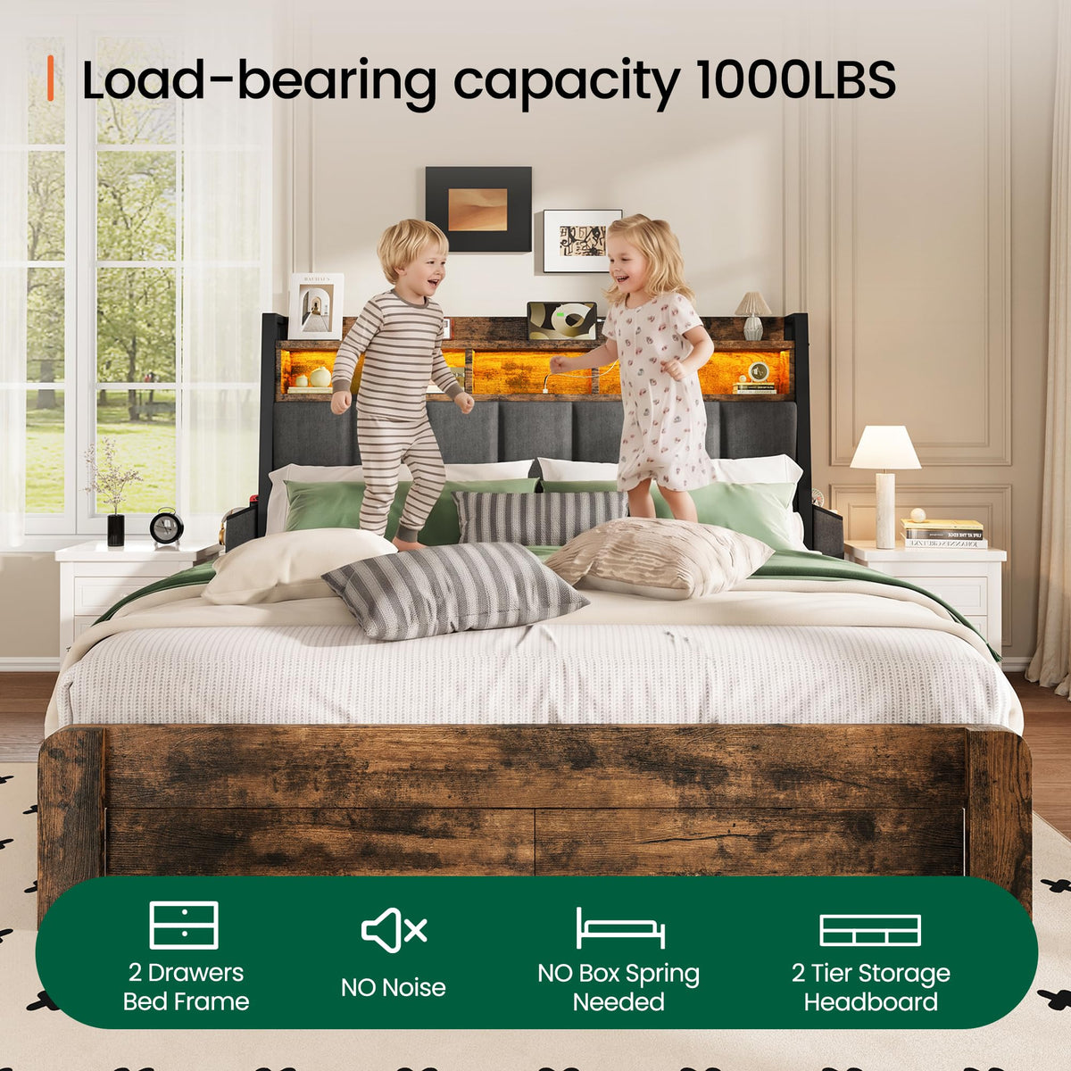 King Size Upholstered Bed Frame with 2 Storage Drawers and Charging Station J92430