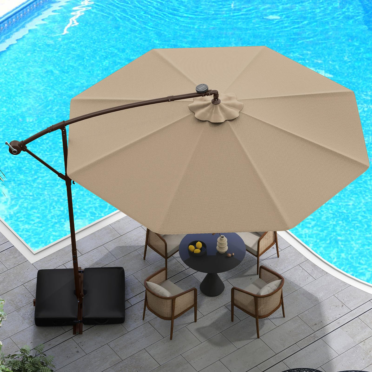 10FT Offset Patio Umbrella with Base and 40 Solar LED Lights M917810