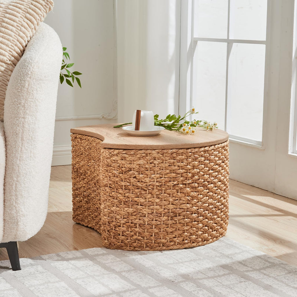 Round Nesting Coffee Table Set of 2 with Storage Wicker Rattan Wood Frame H347
