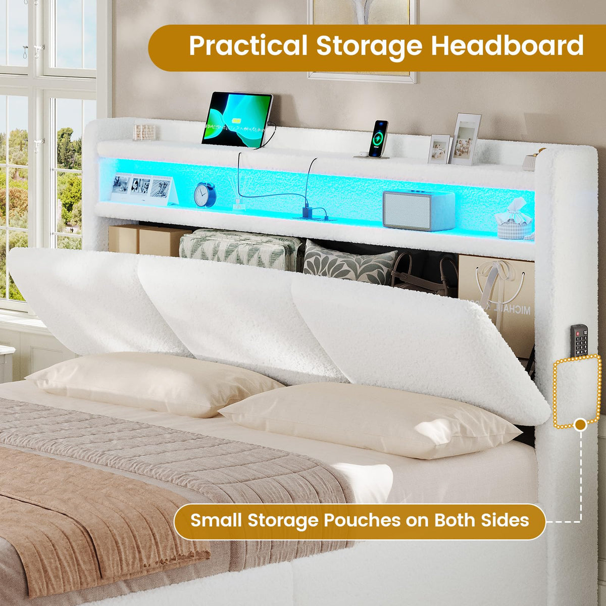 Full Bed Frame with Storage Headboard and Charging Station O4243