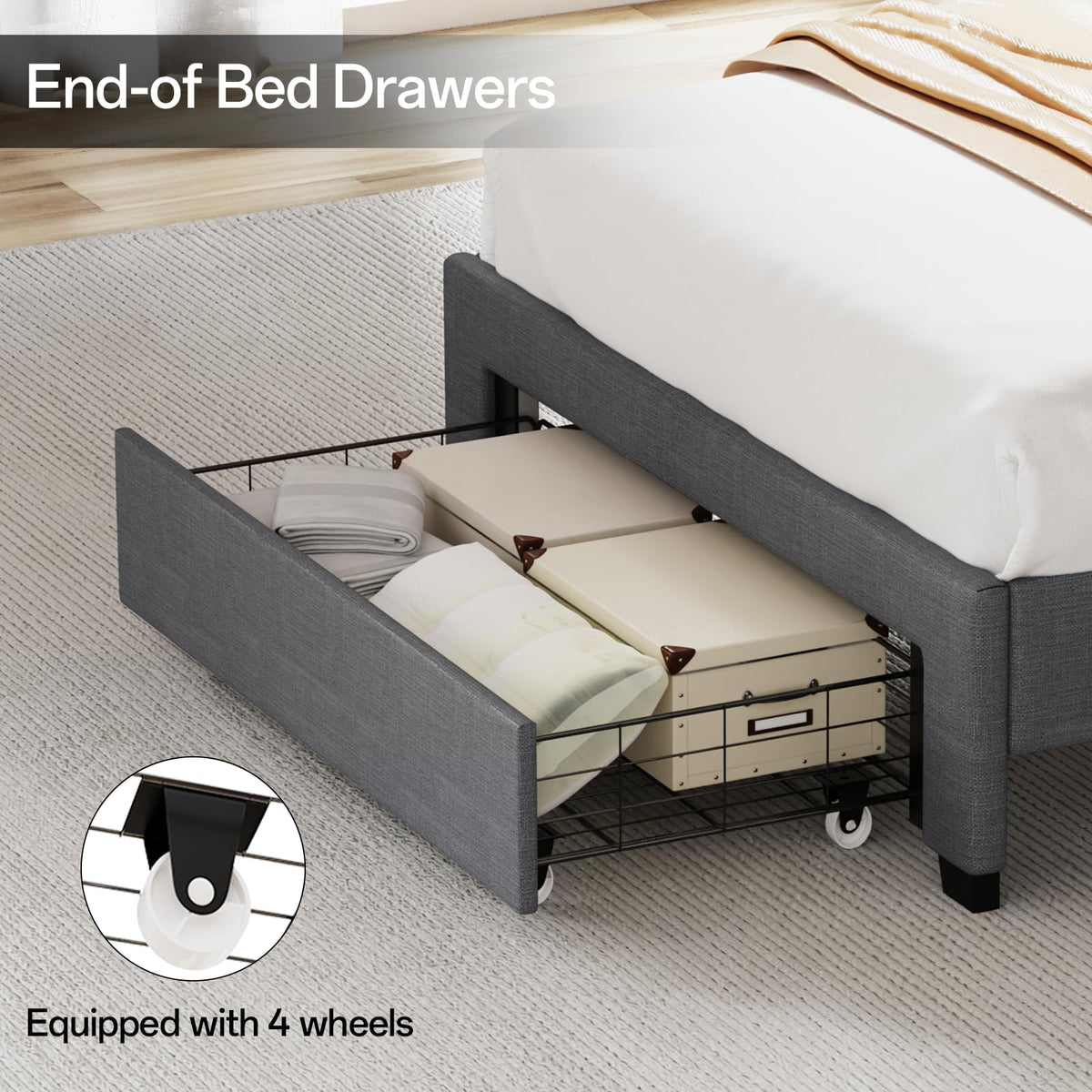 Twin Size Upholstered Bed Frame with Storage Headboard and Drawers D49587