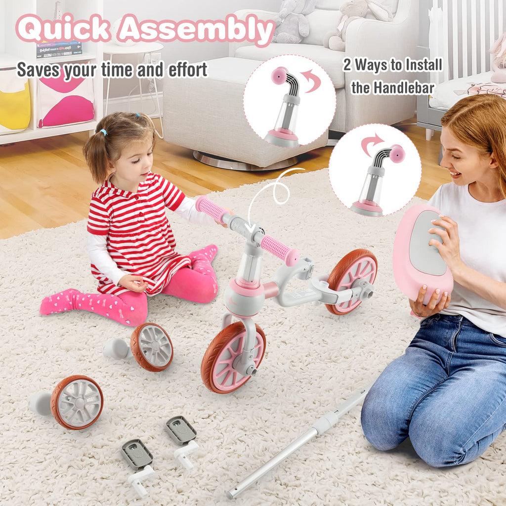 4 in 1 Tricycle with Adjustable Seat & Push Handle, Removable Pedals & Training Wheels, Pink K721