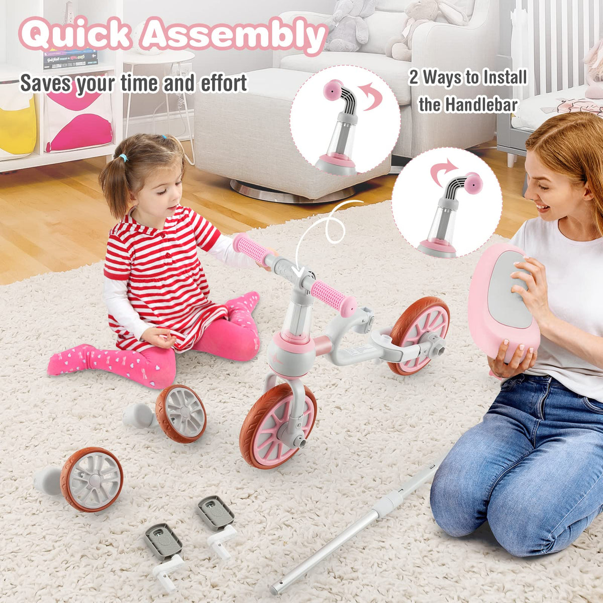 4 in 1 Tricycle with Adjustable Seat & Push Handle, Removable Pedals & Training Wheels, Pink K721