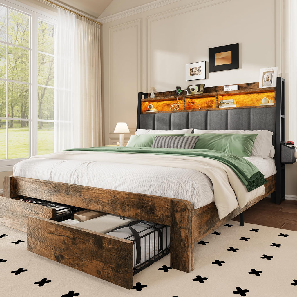 King Size Upholstered Bed Frame with 2 Storage Drawers and Charging Station J92430