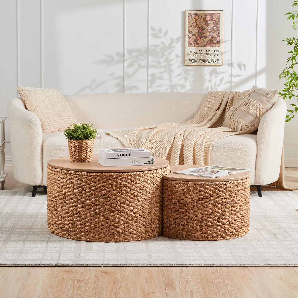 Round Nesting Coffee Table Set of 2 with Storage Wicker Rattan Wood Frame H347