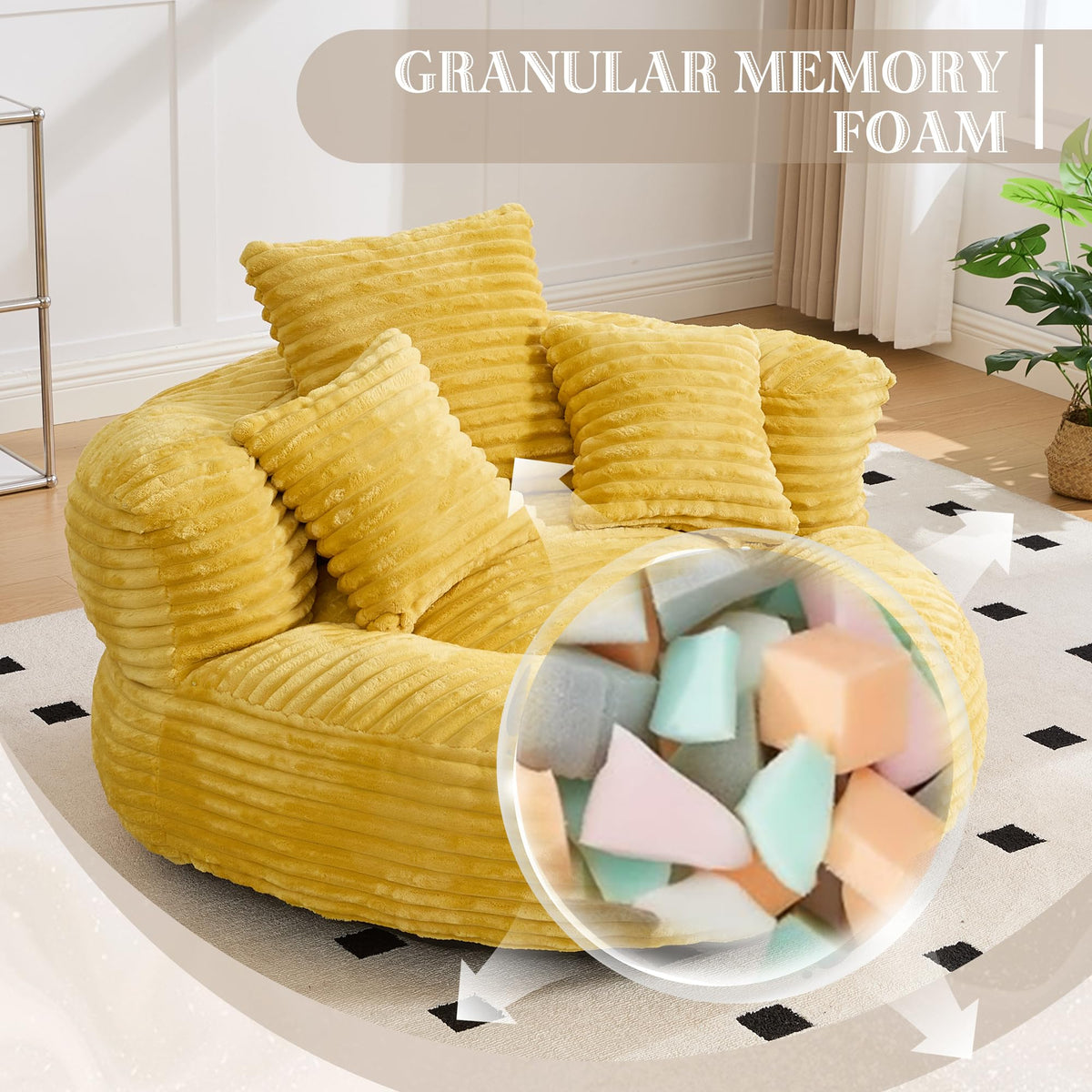 Oversized Memory Foam Bean Bag Chair with Pillows and Backrest, Mustard Yellow A893316