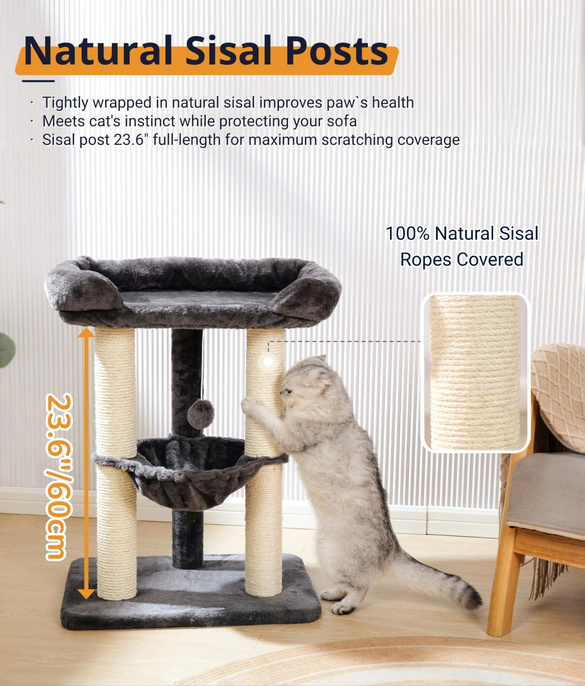 28" Cat Tree with Hammock and Removable Cover Y235