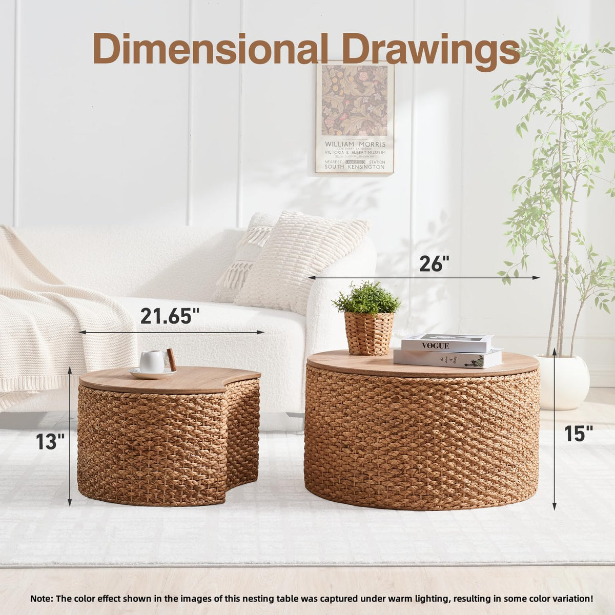 Round Nesting Coffee Table Set of 2 with Storage Wicker Rattan Wood Frame H347