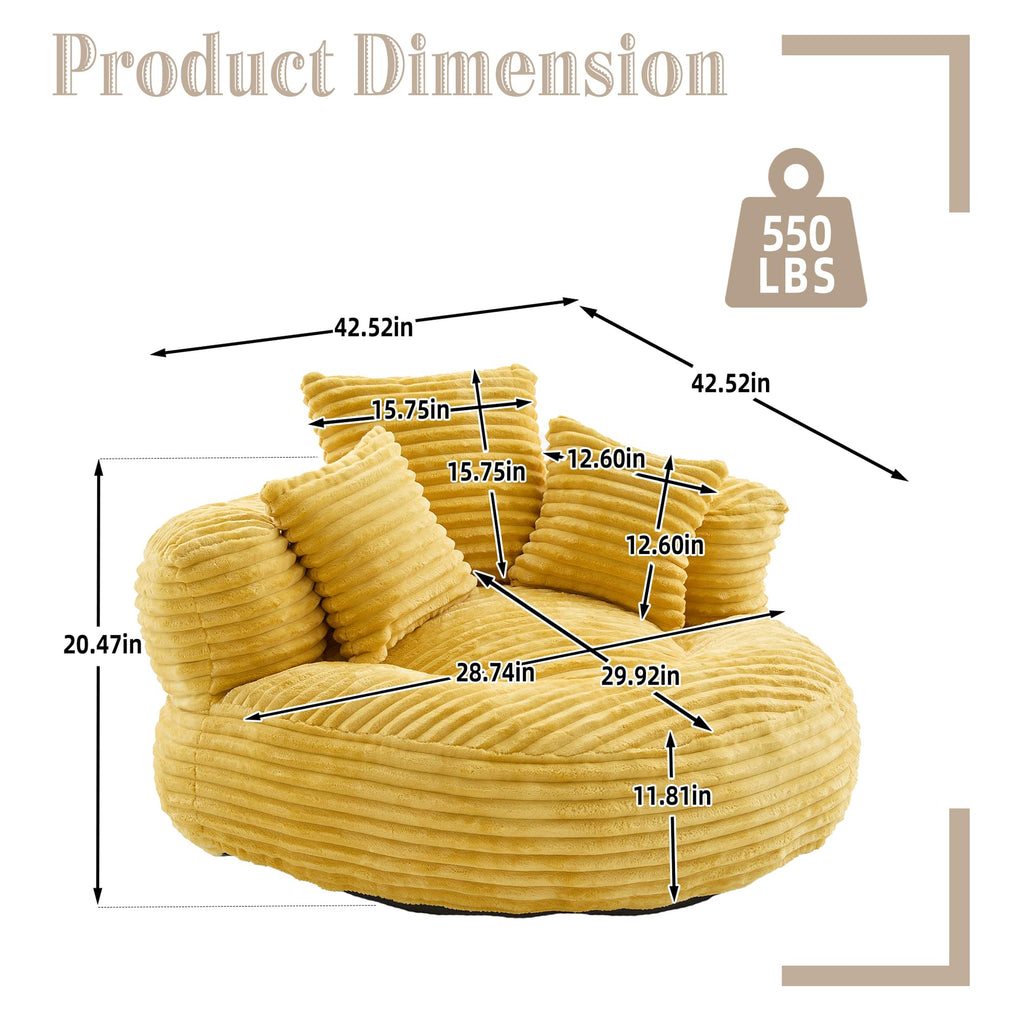 Oversized Memory Foam Bean Bag Chair with Pillows and Backrest, Mustard Yellow A893316