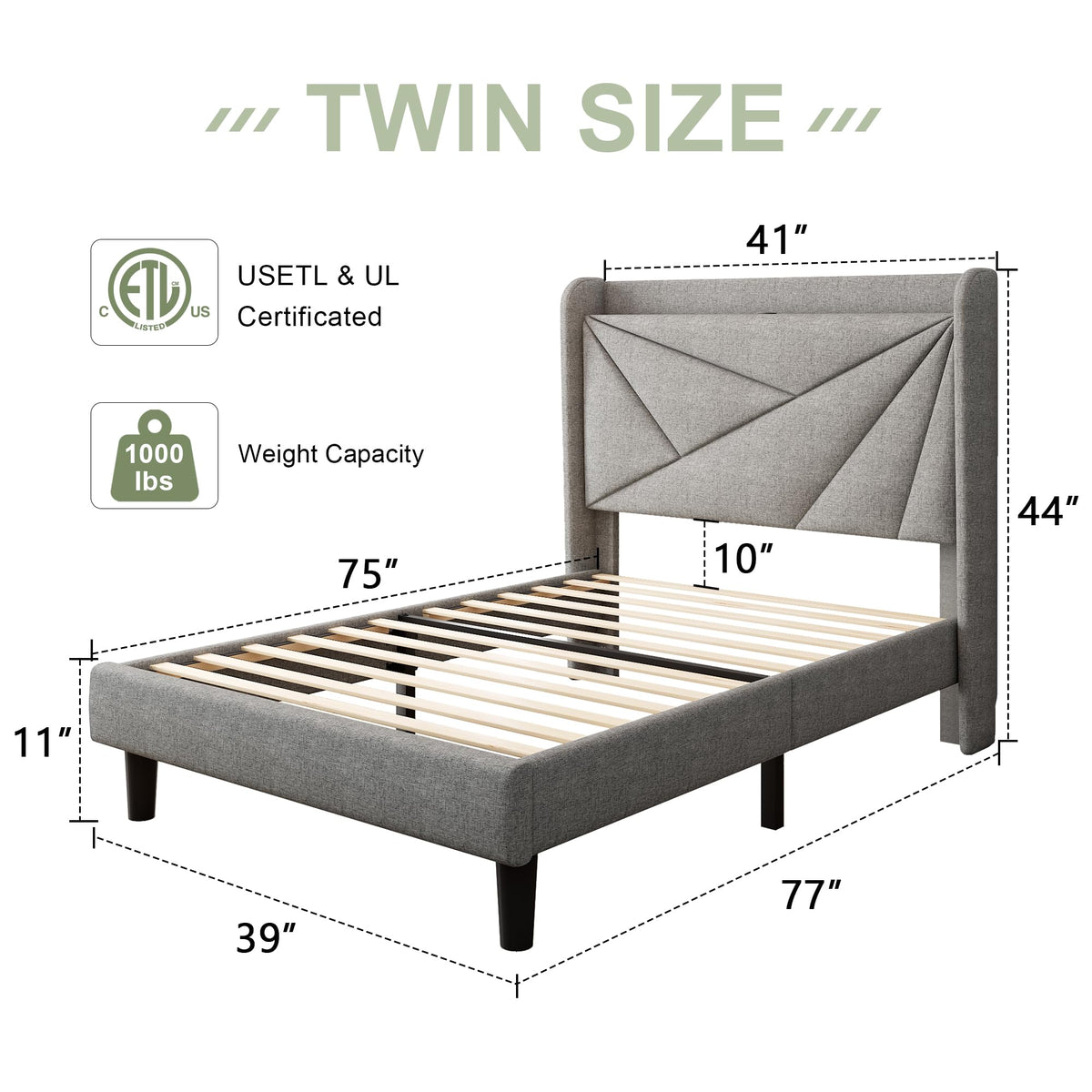 Light Gray Upholstered Twin Bed Frame with Storage Headboard T37526
