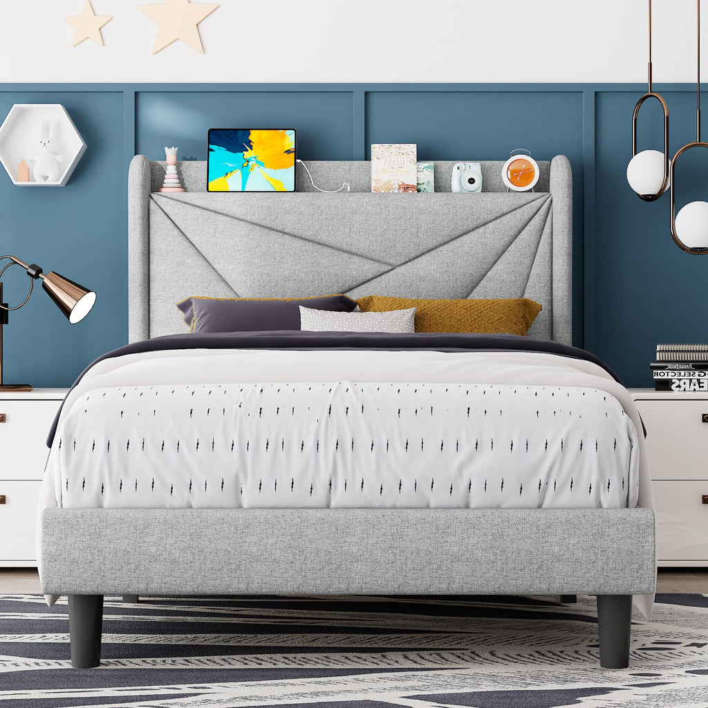 Light Gray Upholstered Twin Bed Frame with Storage Headboard T37526