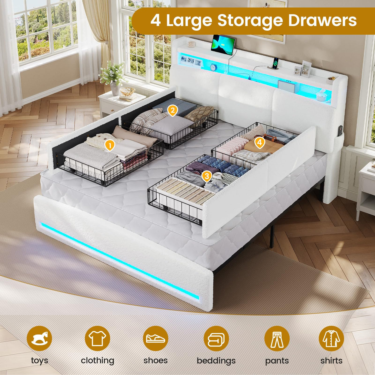Full Bed Frame with Storage Headboard and Charging Station O4243