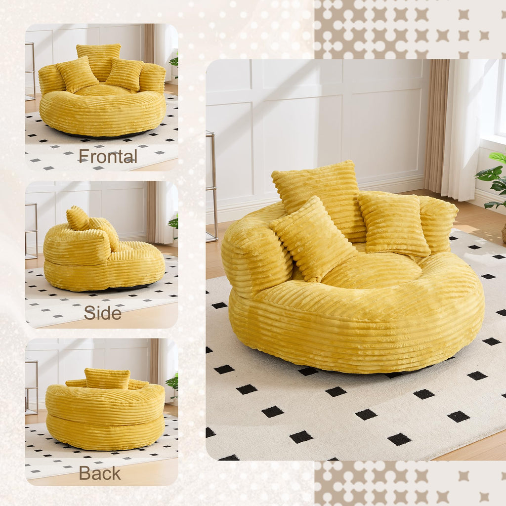 Oversized Memory Foam Bean Bag Chair with Pillows and Backrest, Mustard Yellow A893316