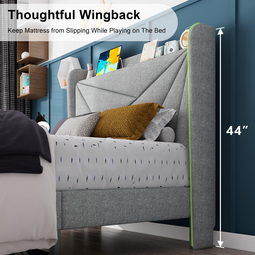 Light Gray Upholstered Twin Bed Frame with Storage Headboard T37526