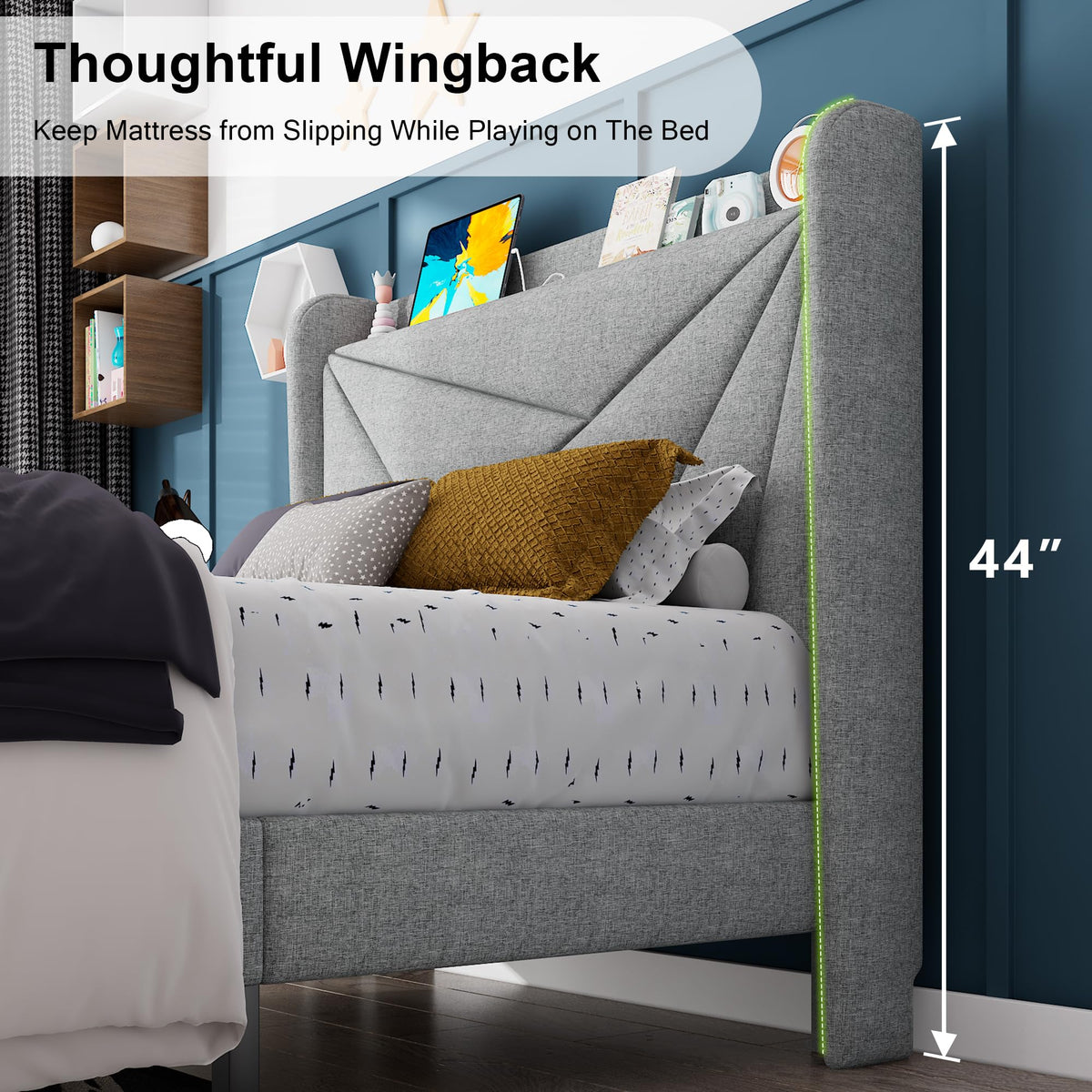 Light Gray Upholstered Twin Bed Frame with Storage Headboard T37526