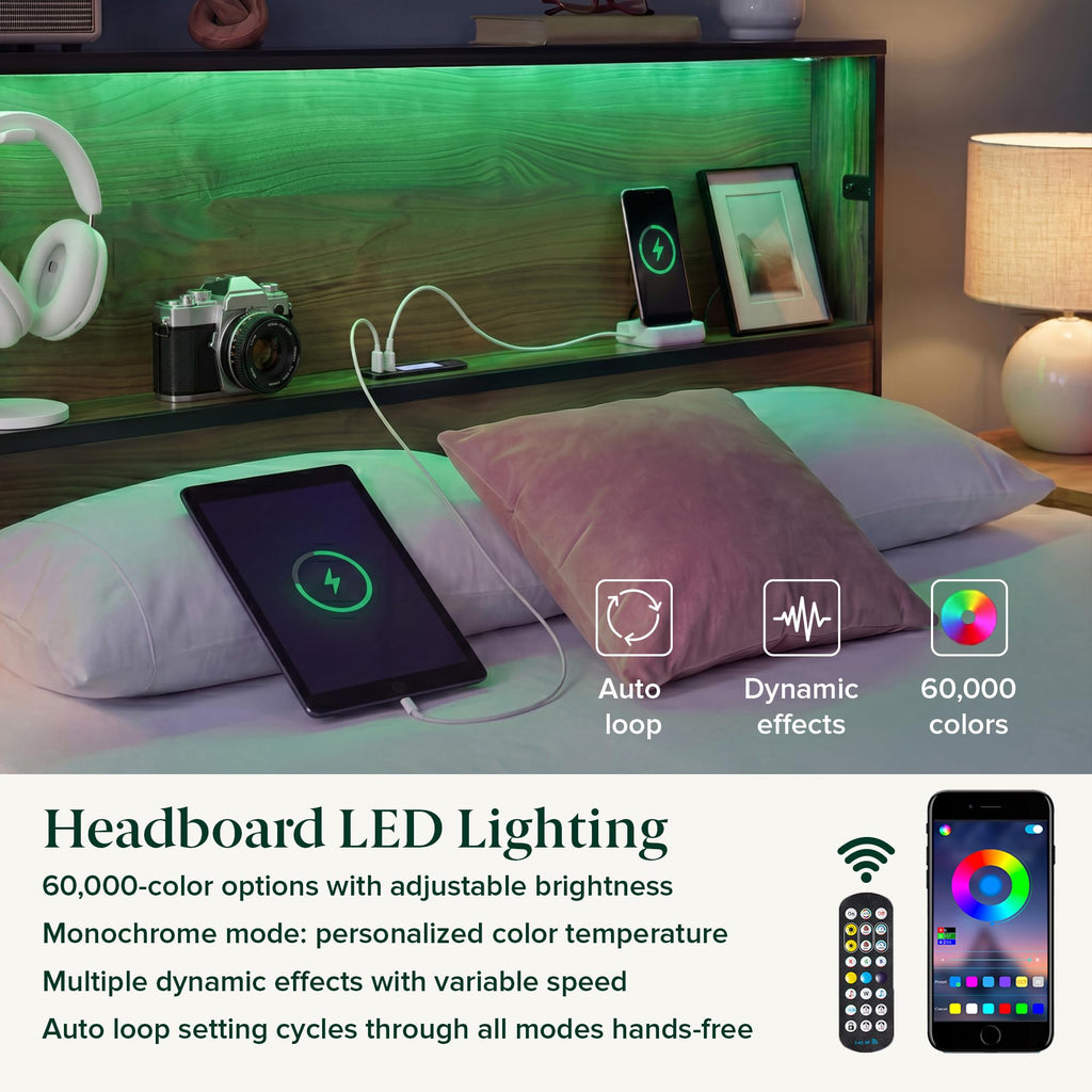 Full Platform Bed Frame with LED Lights and USB Charging Station X137