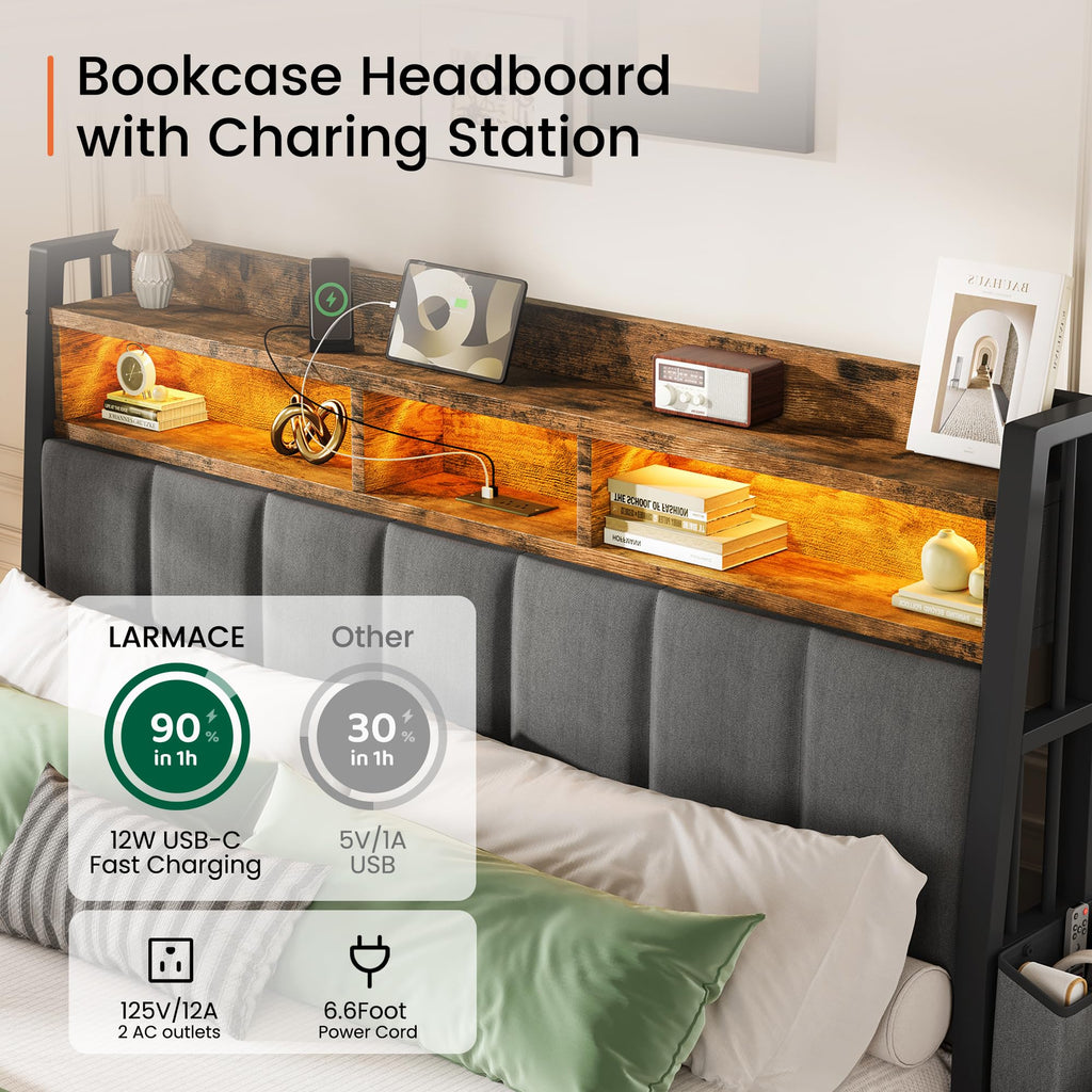 King Size Upholstered Bed Frame with 2 Storage Drawers and Charging Station J92430