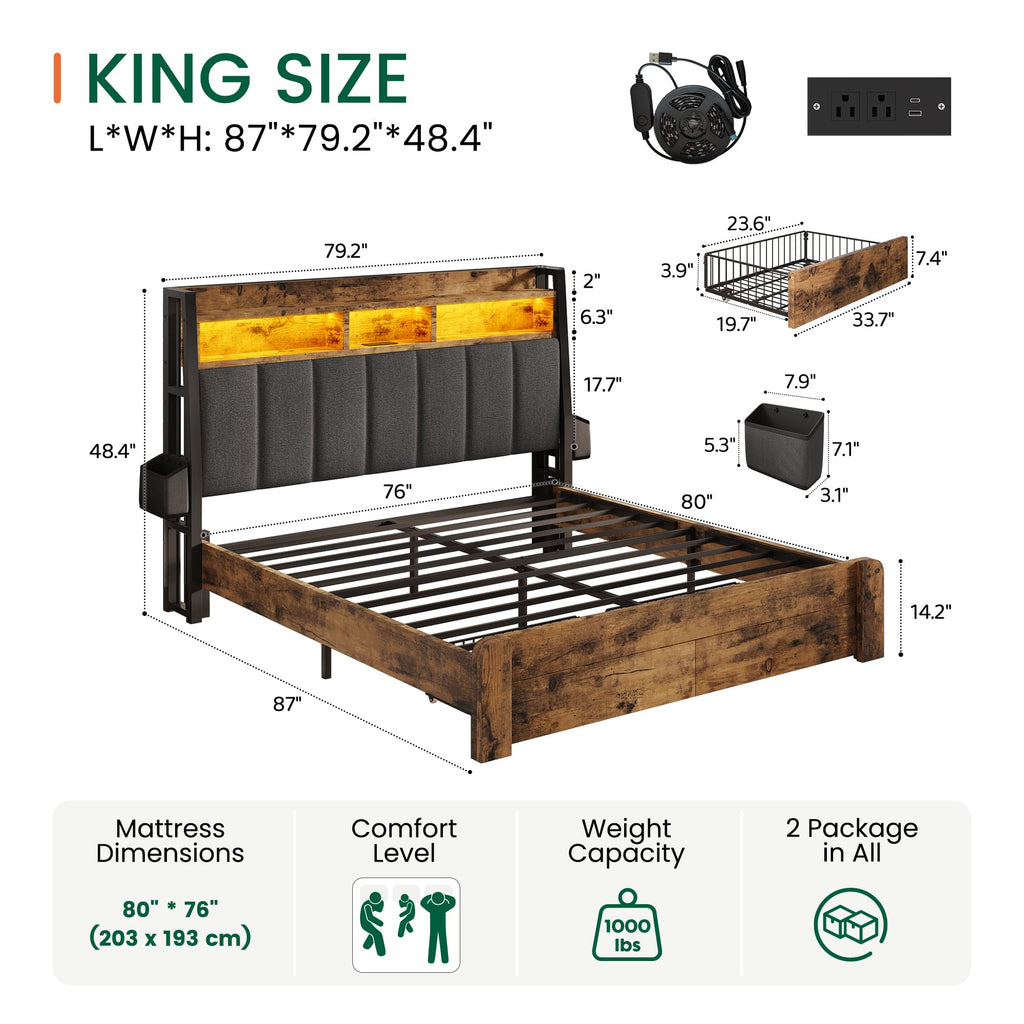 King Size Upholstered Bed Frame with 2 Storage Drawers and Charging Station J92430