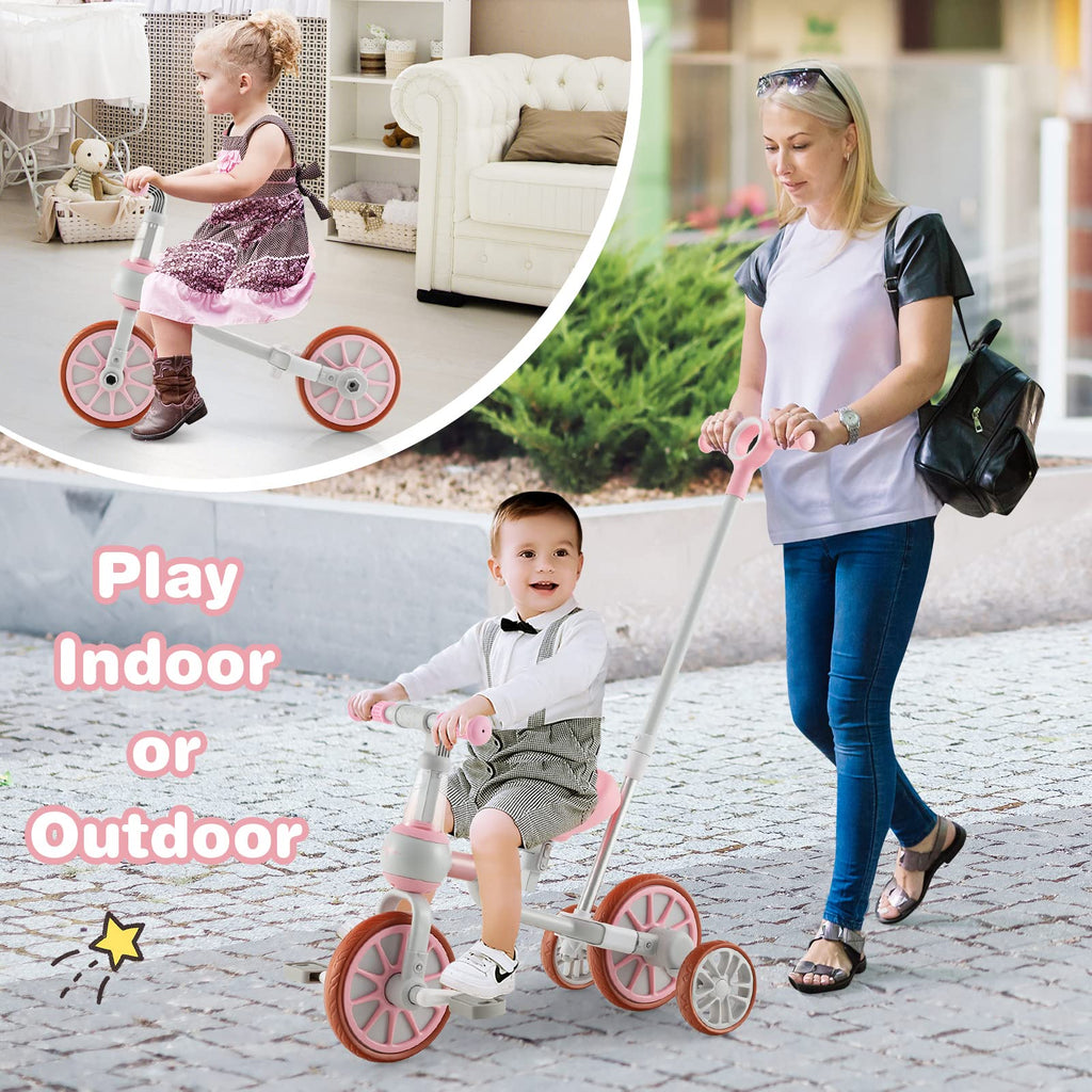 4 in 1 Tricycle with Adjustable Seat & Push Handle, Removable Pedals & Training Wheels, Pink K721