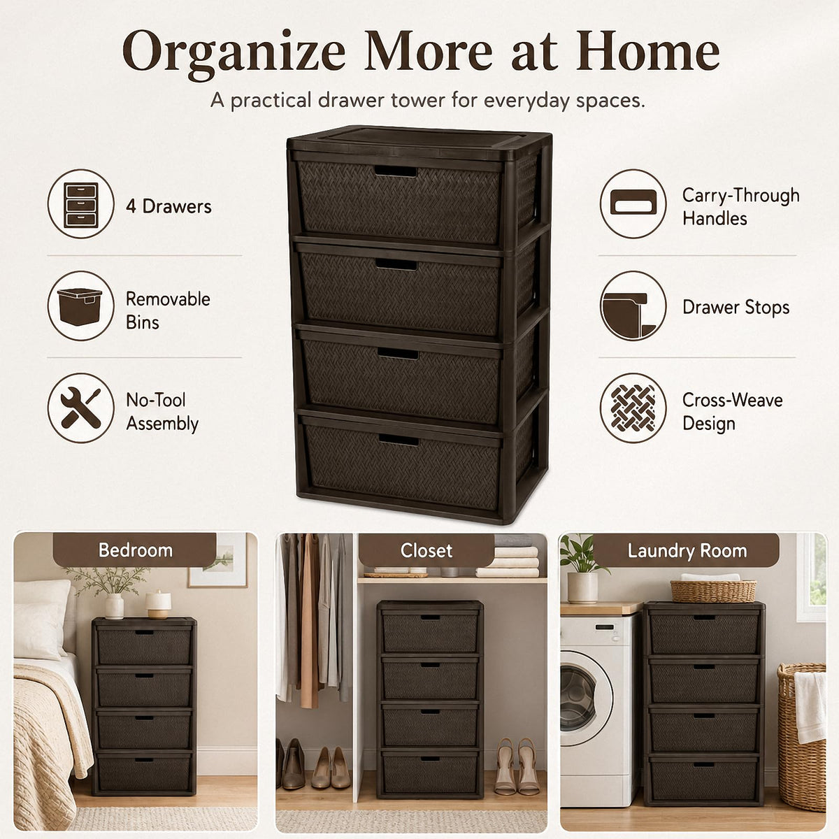 Brown 4 Drawer Plastic Storage Organizer P9453