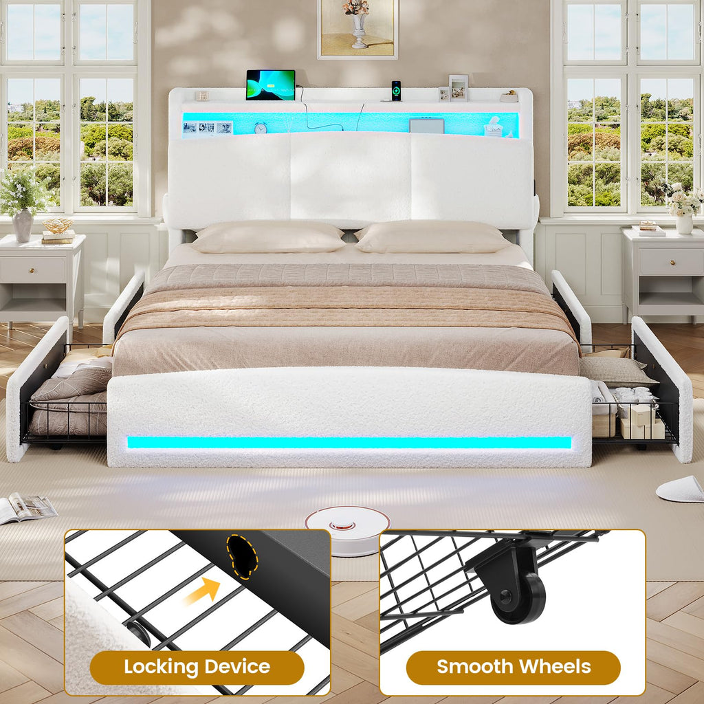 Full Bed Frame with Storage Headboard and Charging Station O4243