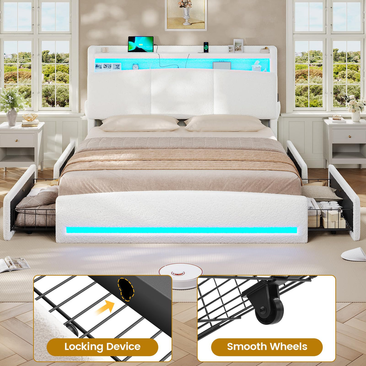 Full Bed Frame with Storage Headboard and Charging Station O4243