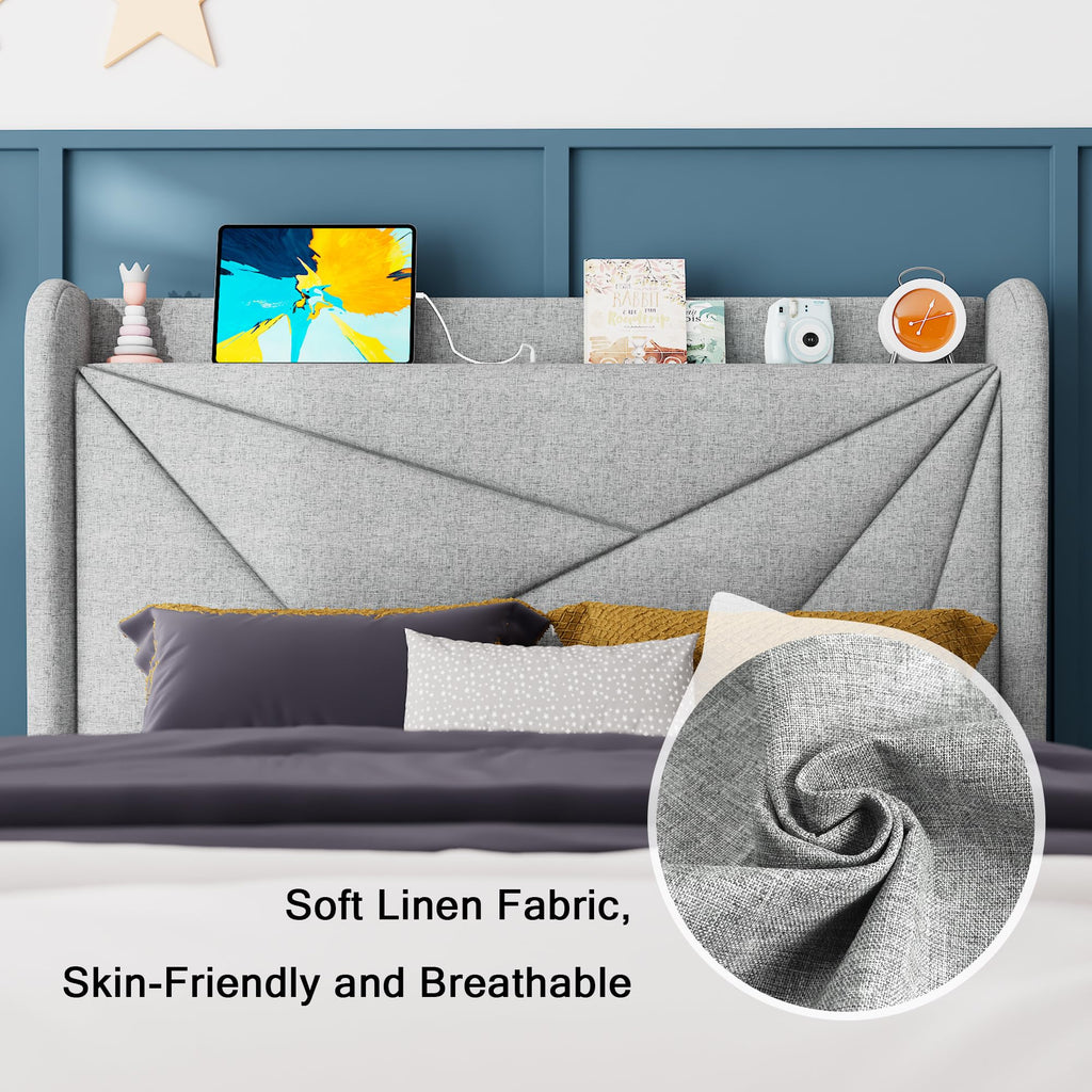 Light Gray Upholstered Twin Bed Frame with Storage Headboard T37526