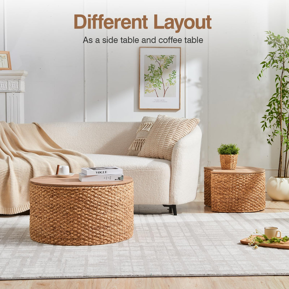 Round Nesting Coffee Table Set of 2 with Storage Wicker Rattan Wood Frame H347