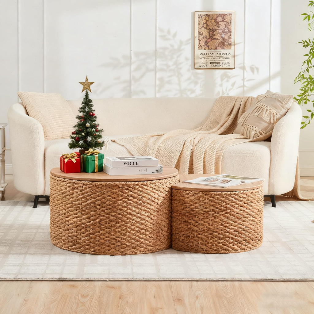 Round Nesting Coffee Table Set of 2 with Storage Wicker Rattan Wood Frame H347
