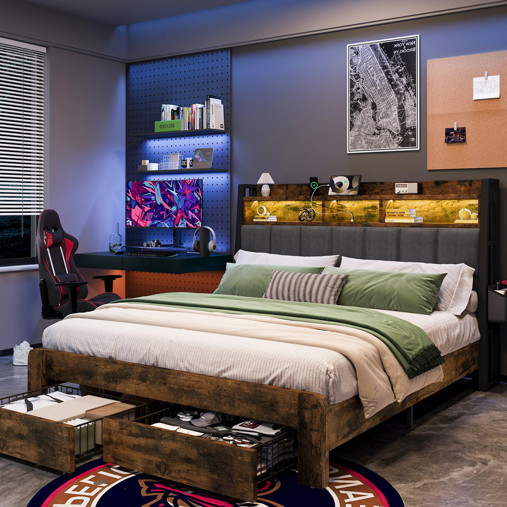 King Size Upholstered Bed Frame with 2 Storage Drawers and Charging Station J92430