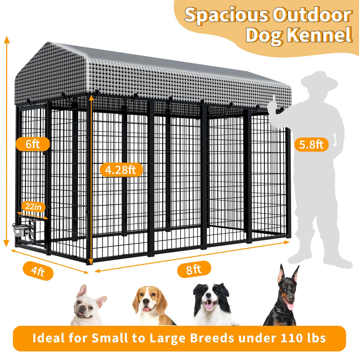 Large Heavy-Duty Dog Kennel with Roof, 4x8x6 Ft N97453