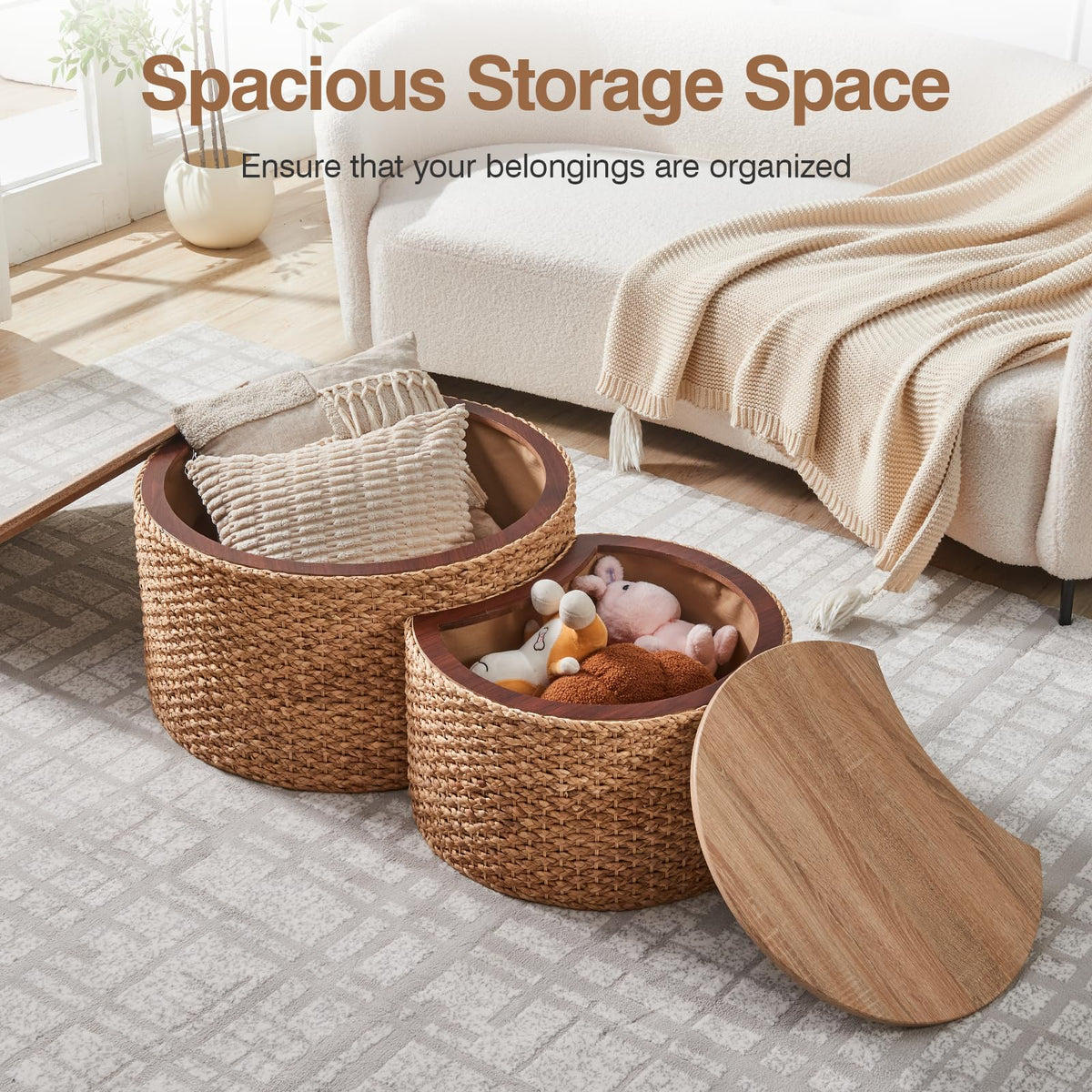 Round Nesting Coffee Table Set of 2 with Storage Wicker Rattan Wood Frame H347