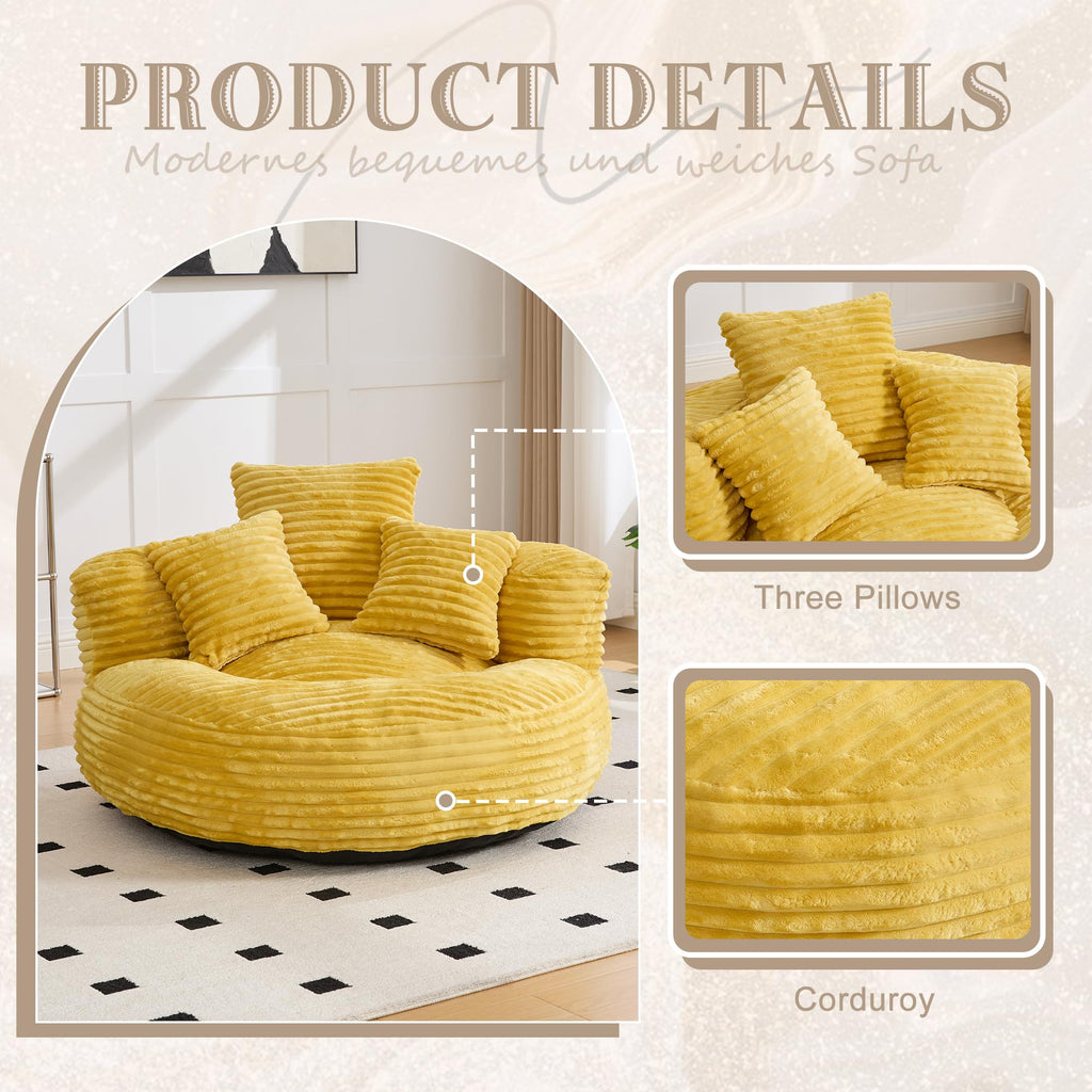 Oversized Memory Foam Bean Bag Chair with Pillows and Backrest, Mustard Yellow A893316