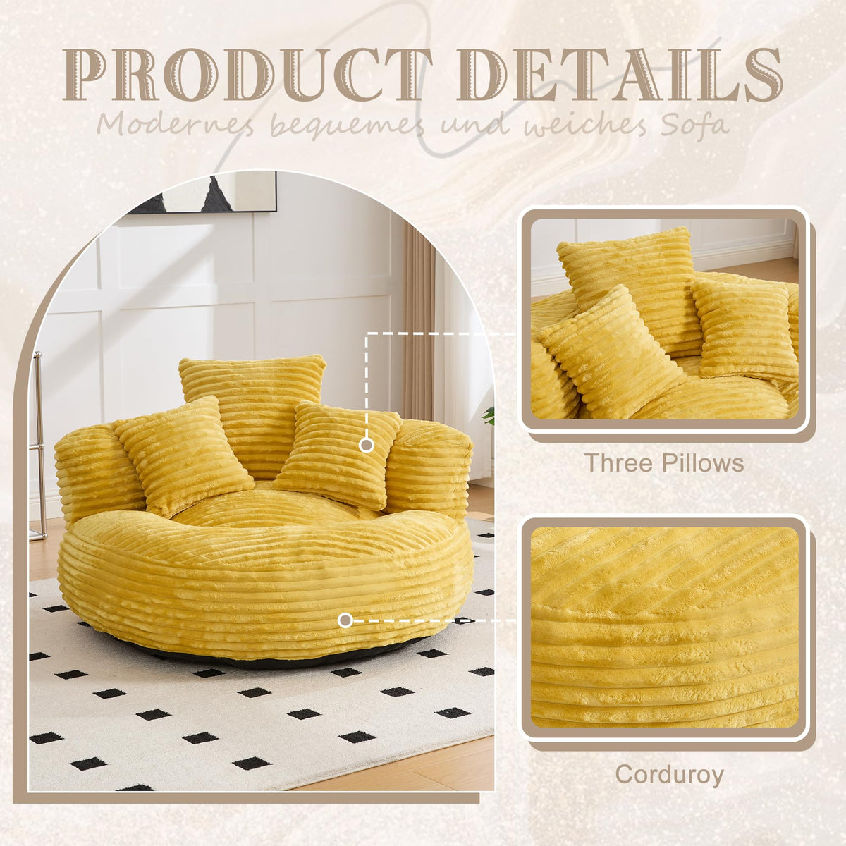 Oversized Memory Foam Bean Bag Chair with Pillows and Backrest, Mustard Yellow A893316