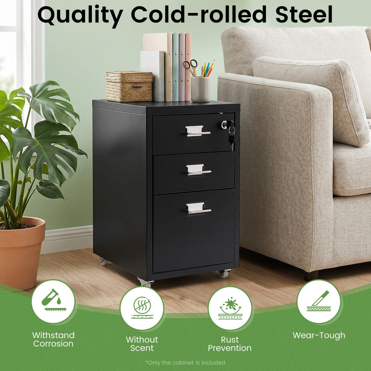 Black 3-Drawer Metal File Cabinet U198