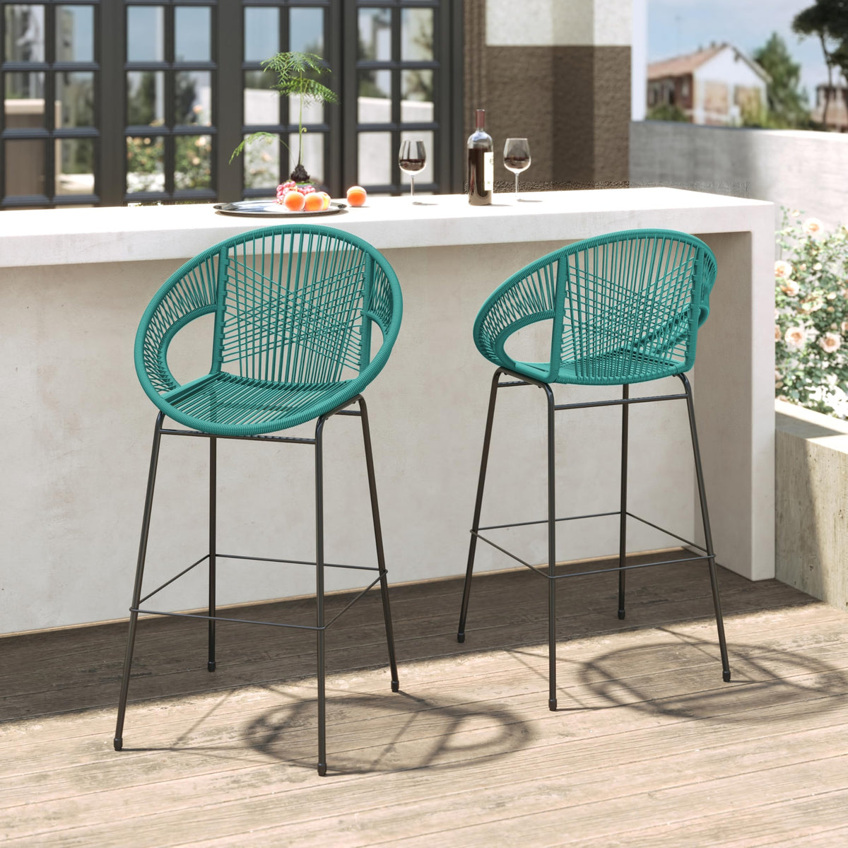 Teal Faux Wicker Outdoor Bar Stool, Set of 2 X67805