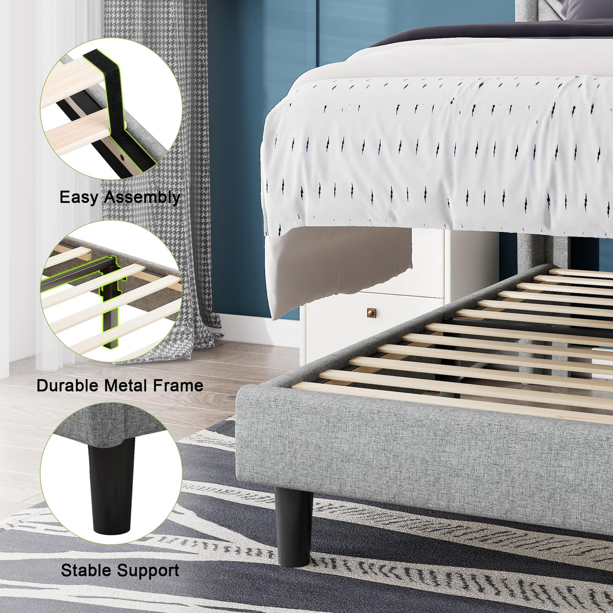 Light Gray Upholstered Twin Bed Frame with Storage Headboard T37526