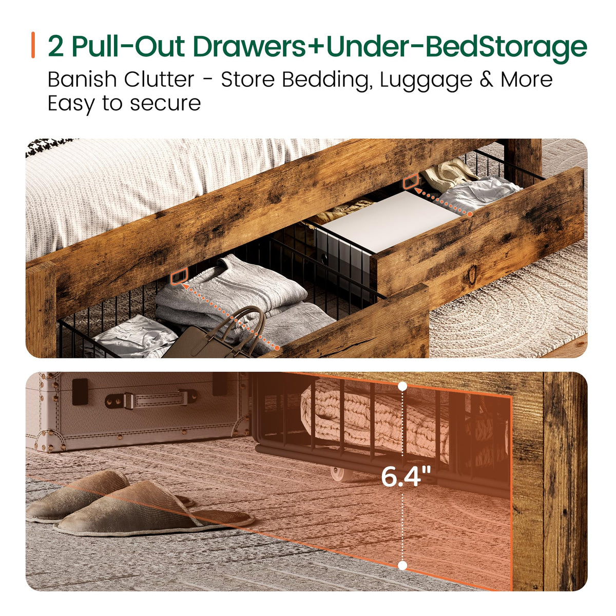 King Size Upholstered Bed Frame with 2 Storage Drawers and Charging Station J92430